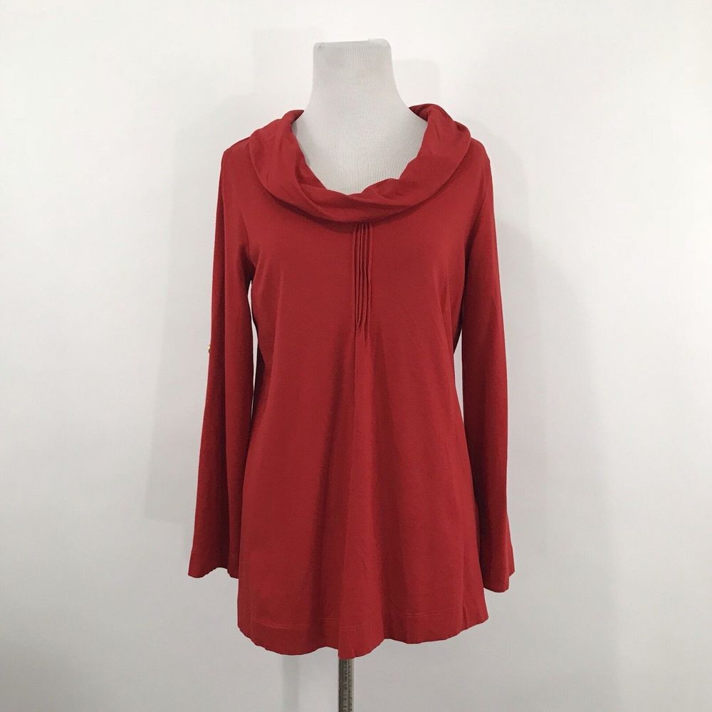 Soft Surroundings Womens Knit Top Red Cowl‎ Neck Roll Tab Sleeves XS